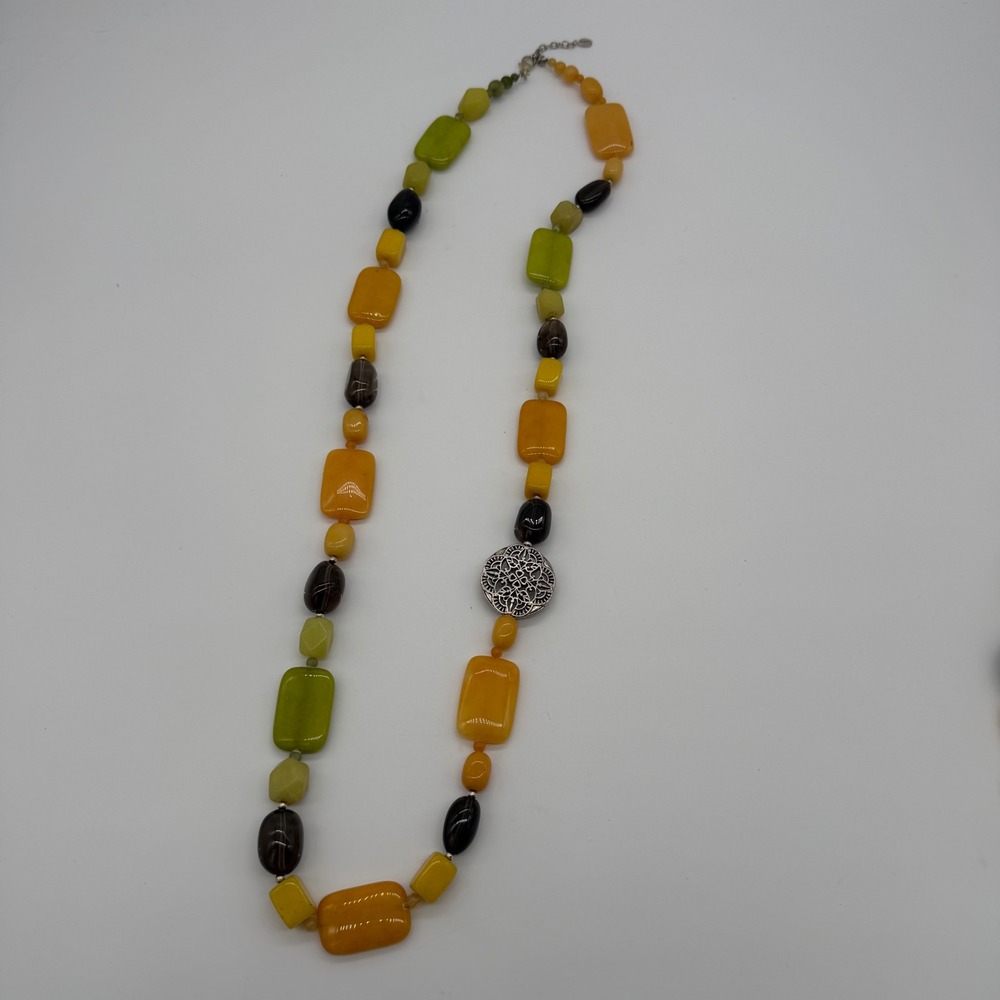 Barse Chunky Stone Bead Necklace Yellow Green Brown Silver Filigree Medallion